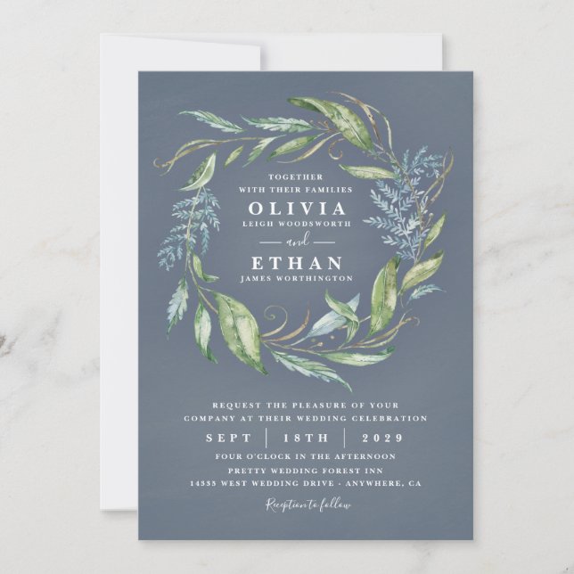 Invitation Aquarelle bleue Eucalyptus Vert Mariage de couronn (Devant)