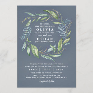 Invitation Aquarelle bleue Eucalyptus Vert Mariage de couronn