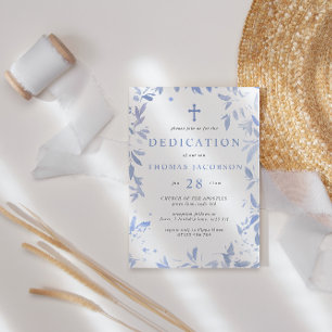 Invitation Aquarelle bleue Feuilles Dédication bébé & Baptême