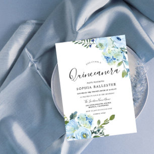Invitation Aquarelle Bleue Fleurs Belle Quinceanera