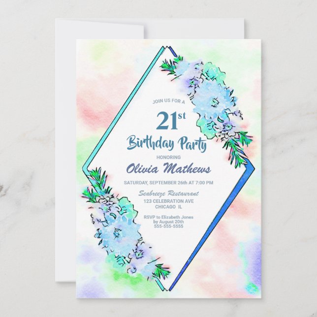 Invitation Aquarelle bleue Floral 21e anniversaire (Devant)