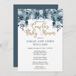 Invitation Aquarelle bleue Floral   Baby shower Gold Couples