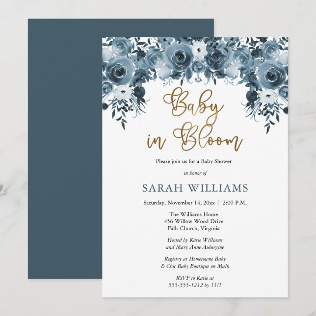 Invitation Aquarelle bleue Floral | Bébé d'or dans la douche  (Devant / Derrière)