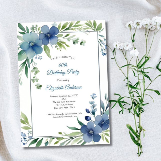 Invitation Aquarelle bleue Floral Elégant 60e anniversaire (Blue and Green Watercolor Floral 60th Birthday invitation)