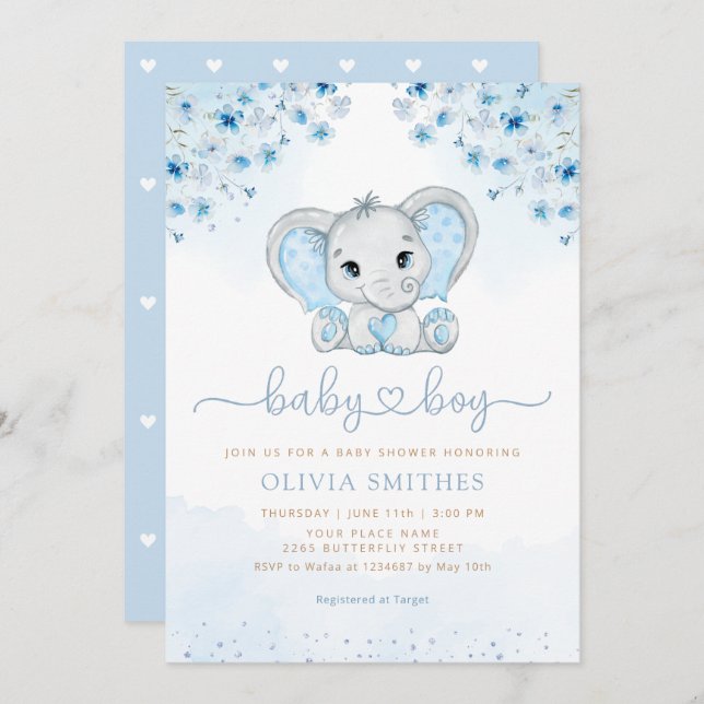 Invitation Aquarelle bleue Floral Elephant Baby shower garçon (Devant / Derrière)