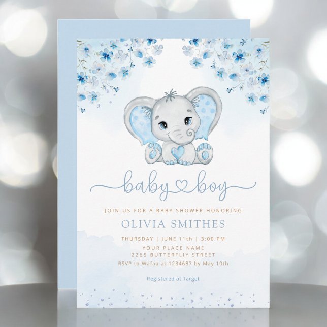 Invitation Aquarelle bleue Floral Elephant Baby shower garçon (Créateur téléchargé)