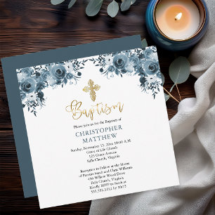 Invitation Aquarelle bleue Floral   Faux Gold Boy Baptism