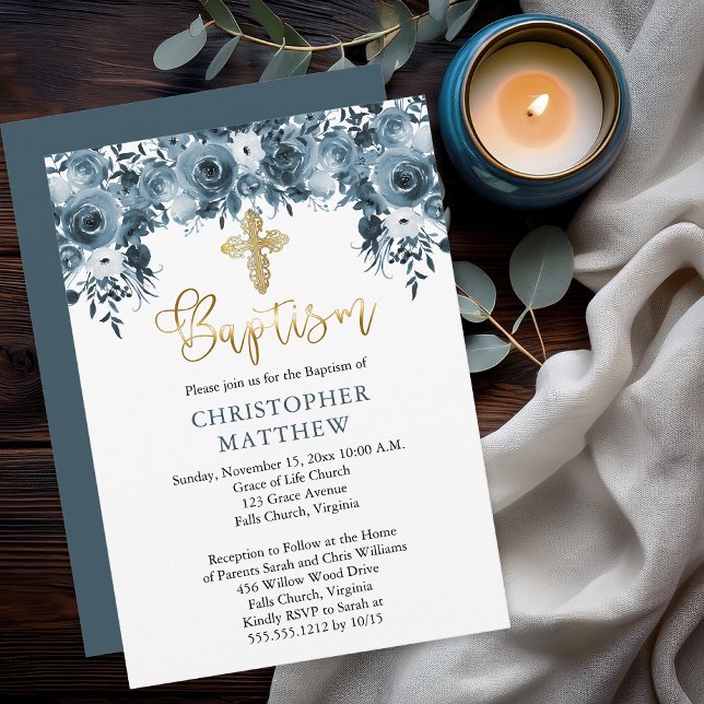 Invitation Aquarelle bleue Floral | Faux Gold Boy Baptism (Elegant Blue Watercolor Floral Faux Gold Accents Boy Baptism Invitation - Print | Digital Download)