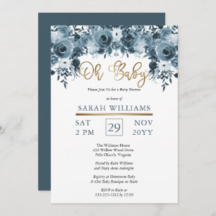 Invitation Aquarelle bleue Floral   Gold Boy Oh Baby shower