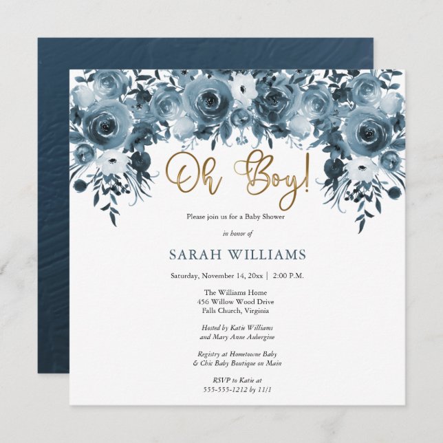 Invitation Aquarelle bleue Floral | Gold Oh Boy Shower (Devant / Derrière)