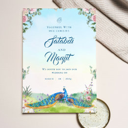 Invitation Aquarelle bleue Floral Indien Mariage de paon