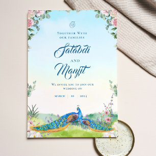 Invitation Aquarelle bleue Floral Indien Mariage de paon