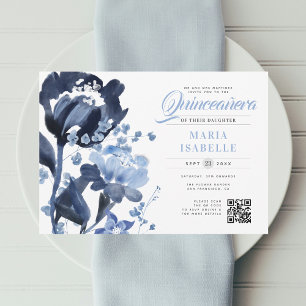 Invitation Aquarelle bleue Floral QR Code Quinceañera
