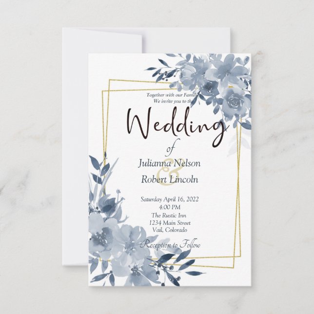 Invitation Aquarelle bleue florale et cadre or mariage invi (Devant)