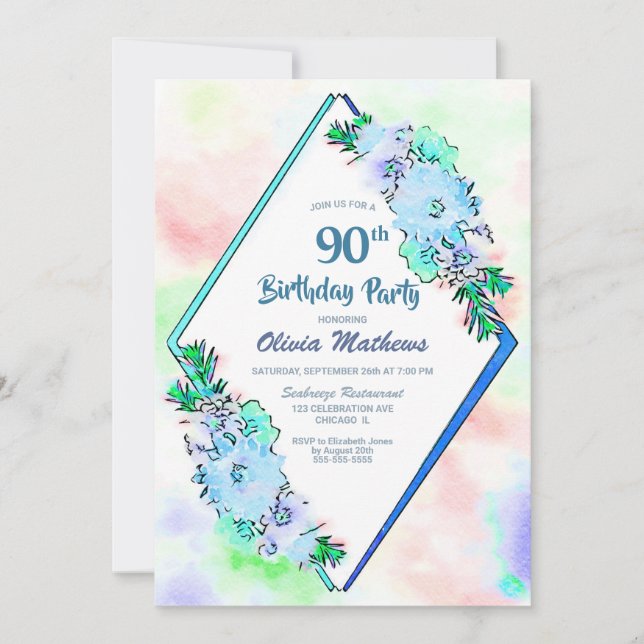 Invitation Aquarelle bleue Florale Géométrique 90e anniversai (Devant)