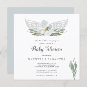 Invitation Aquarelle bleue Florals Angel Wings Baby shower