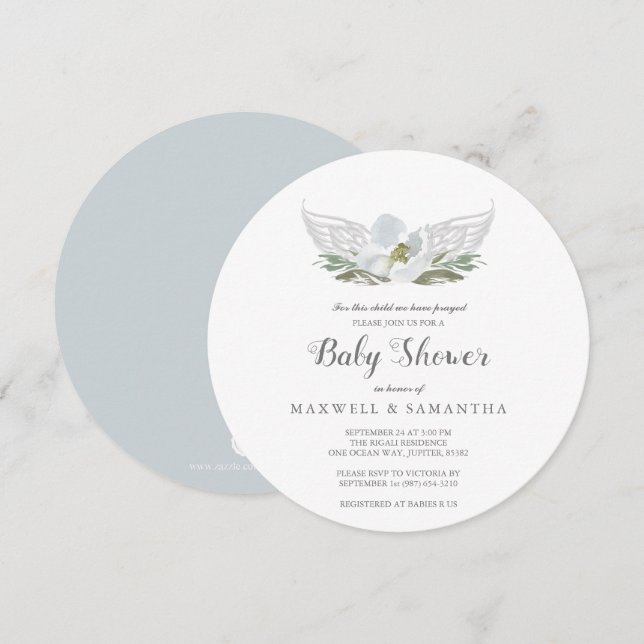 Invitation Aquarelle bleue Florals Angel Wings Baby shower (Devant / Derrière)
