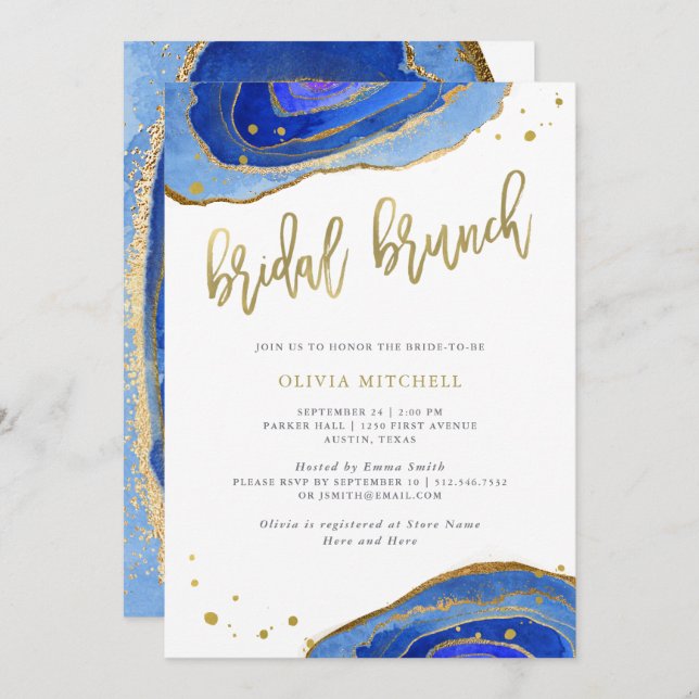 Invitation Aquarelle bleue Geode avec or| Brunch nuptial (Devant / Derrière)