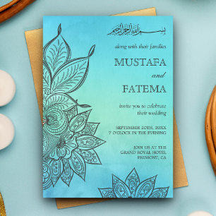 Invitation Aquarelle bleue Henné Mariage islamique