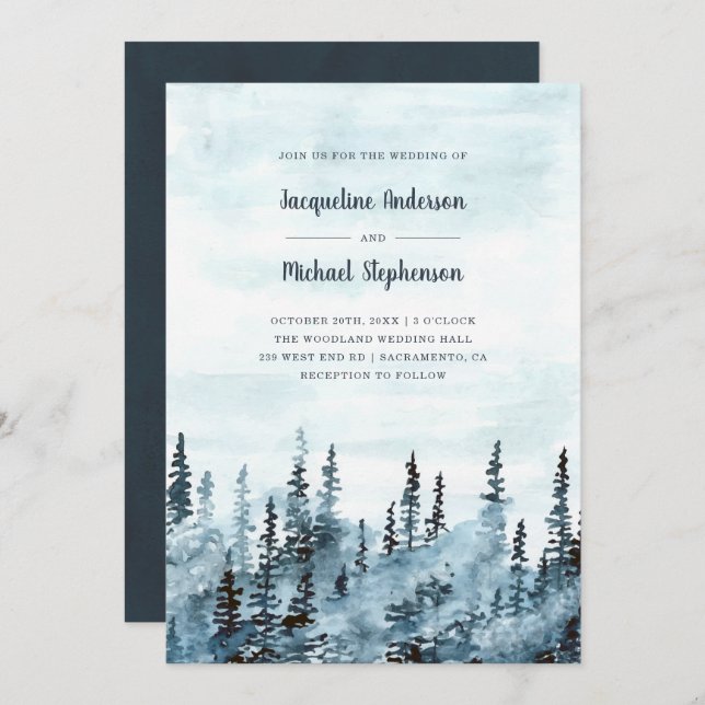 Invitation Aquarelle bleue Hiver Bois Mariage rustique (Devant / Derrière)