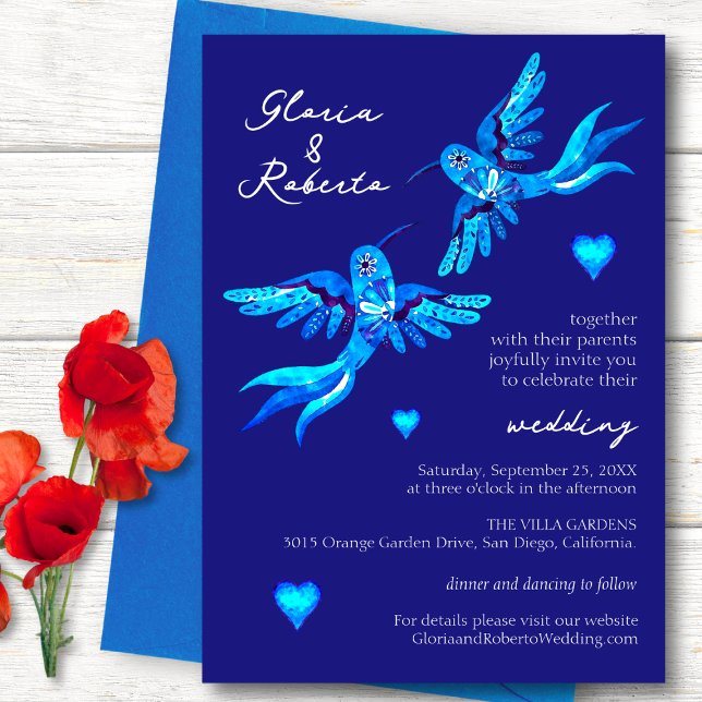 Invitation Aquarelle bleue Hummingbirds Mariage mexicain (Créateur téléchargé)