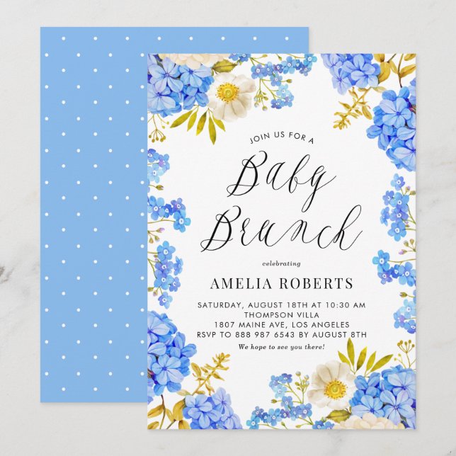 Invitation Aquarelle bleue Hydrangeas Floral Baby Brunch (Devant / Derrière)