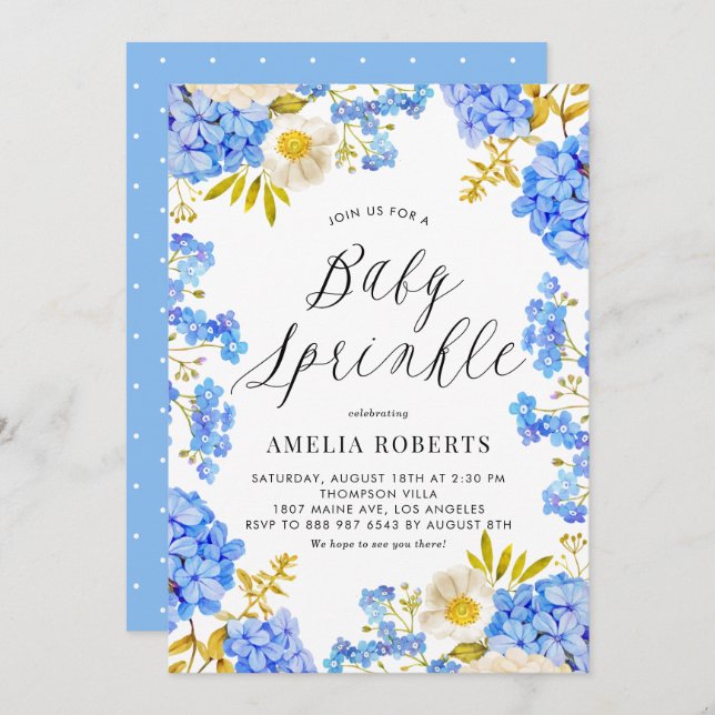 Invitation Aquarelle bleue Hydrangeas Floral Baby Sprinkel (Devant / Derrière)