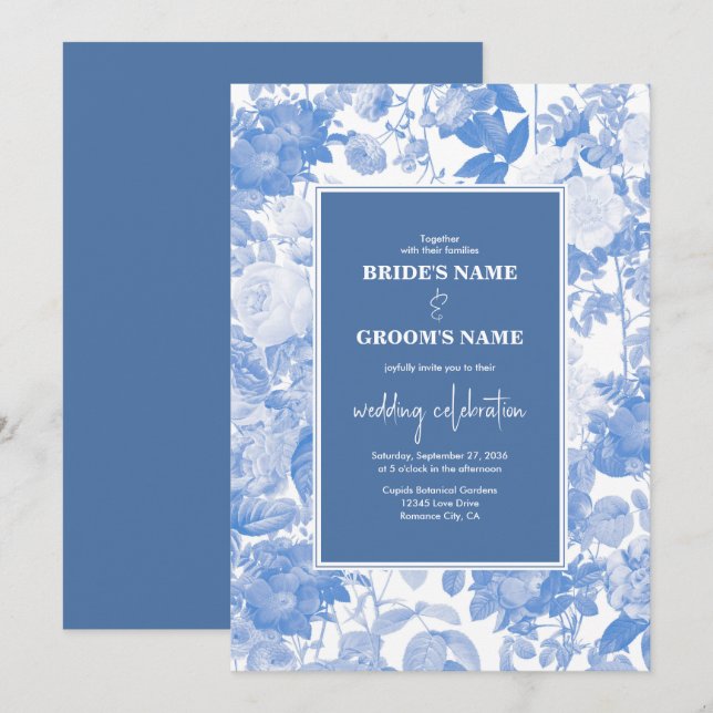 Invitation Aquarelle bleue Mariage de fleurs botaniques (Devant / Derrière)