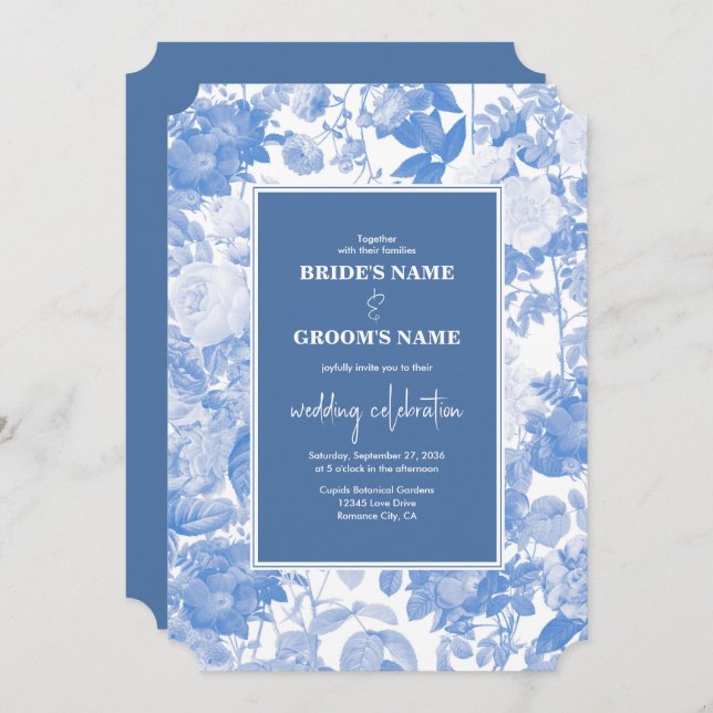 Invitation Aquarelle bleue Mariage de fleurs botaniques (Devant / Derrière)