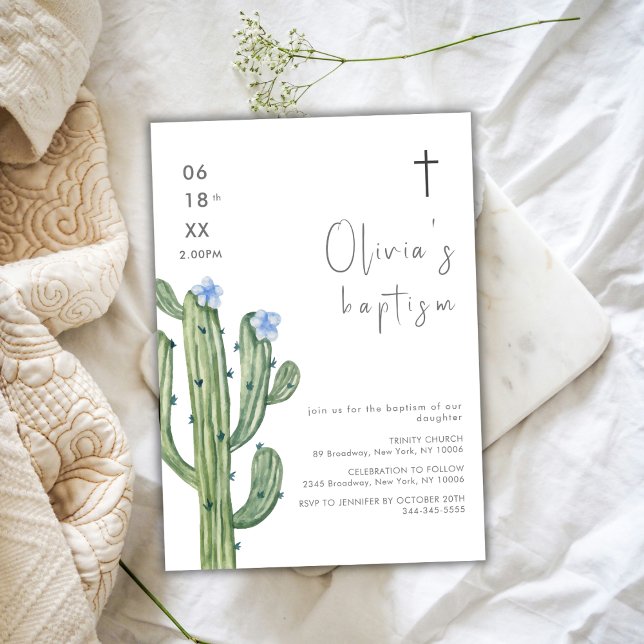 Invitation Aquarelle bleue moderne Cuctus Croix florale Baptê (Modern Blue Watercolor Cuctus Floral Cross Baptism Invitation)