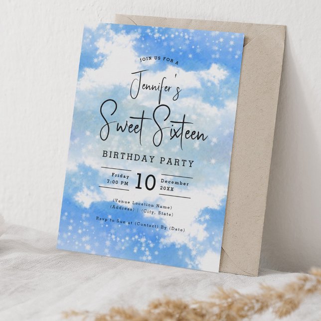 Invitation Aquarelle bleue Nuages doux 16 Partie (Blue Watercolor Clouds Sweet 16 Party Invitation)