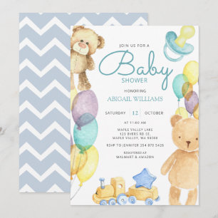 Invitation Aquarelle Bleue Ours Bleu & Balloon - Baby shower 