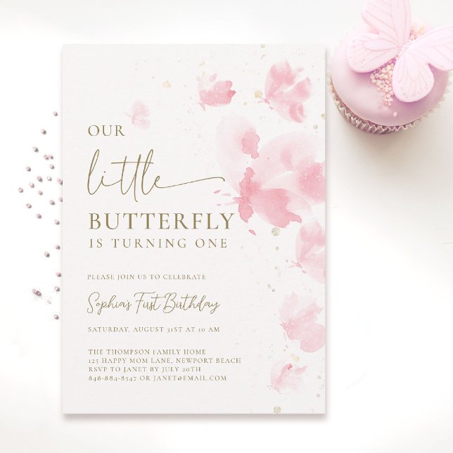 Invitation Aquarelle Bleue Petite Papillon 1er anniversaire (our little butterfly 1st birthday invitation girls pink watercolor one year theme elegant classy)