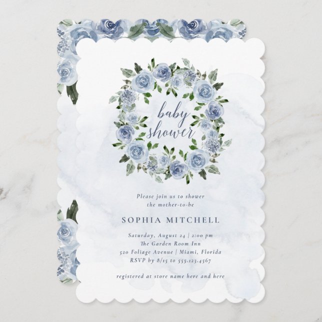 Invitation Aquarelle Bleue Plutôt Dusty Fleurs | Baby shower (Devant / Derrière)