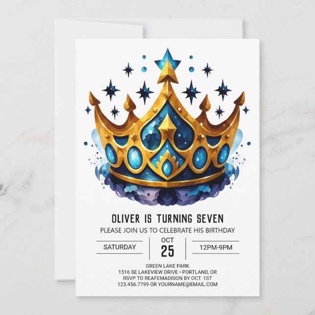 Invitation Aquarelle bleue Prince Crown Anniversaire (Devant)