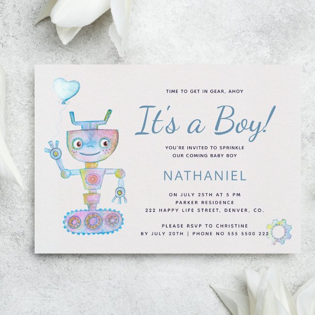 Invitation Aquarelle bleue robot mignon c'est un garçon Baby  (Créateur téléchargé)