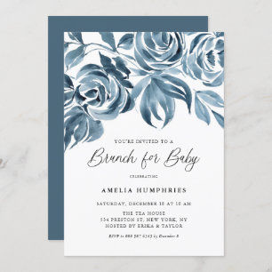 Invitation Aquarelle bleue Rose d'hiver Baby shower Brunch