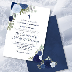 Invitation Aquarelle bleue Rose Mariage catholique moderne