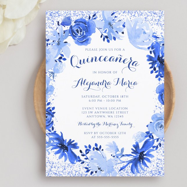 Invitation Aquarelle bleue royale Quinceanera (Créateur téléchargé)