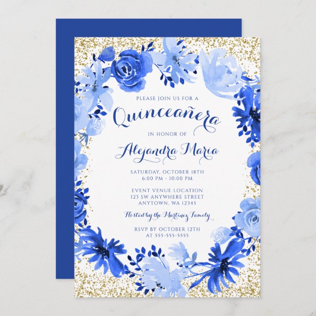 Invitation Aquarelle bleue royale Quinceanera or Floral (Devant / Derrière)