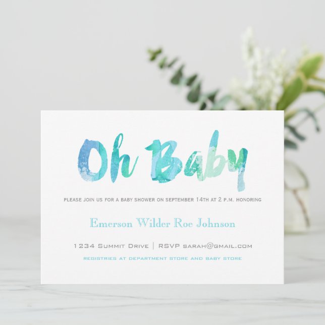 Invitation Aquarelle bleue tendance Typographie Baby Boy Douc (Debout devant)