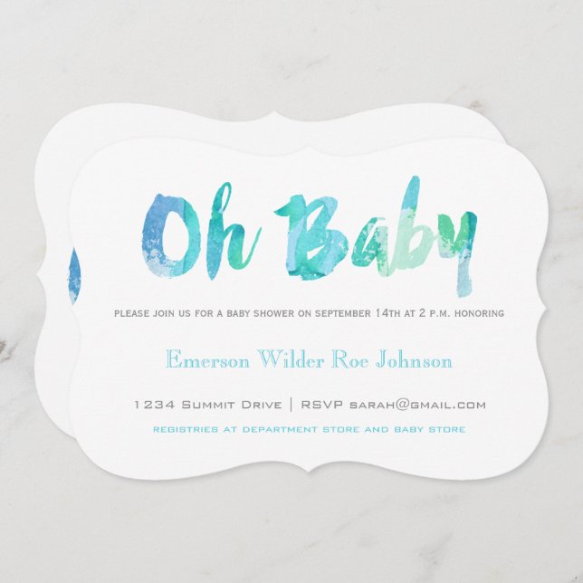 Invitation Aquarelle bleue tendance Typographie Baby Boy Douc (Devant / Derrière)