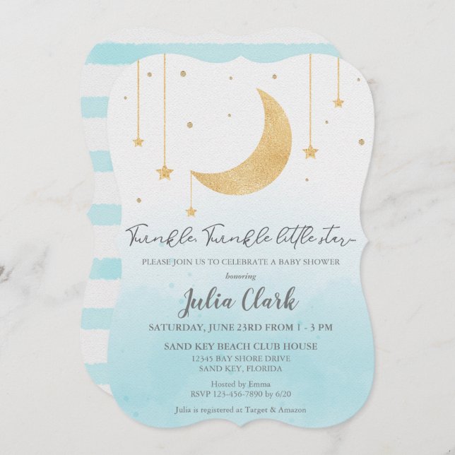 Invitation Aquarelle bleue Twinkle Twinkle Little Star Douche (Devant / Derrière)