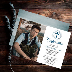 Invitation Aquarelle bleue Wreath Boy Photo Confirmation
