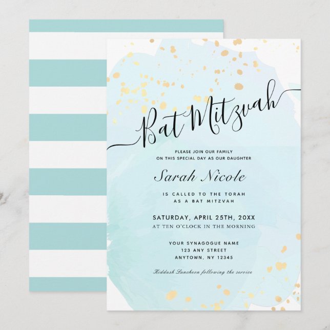 Invitation Aquarelle bleue x Bat mitzvah plaquettes or (Devant / Derrière)