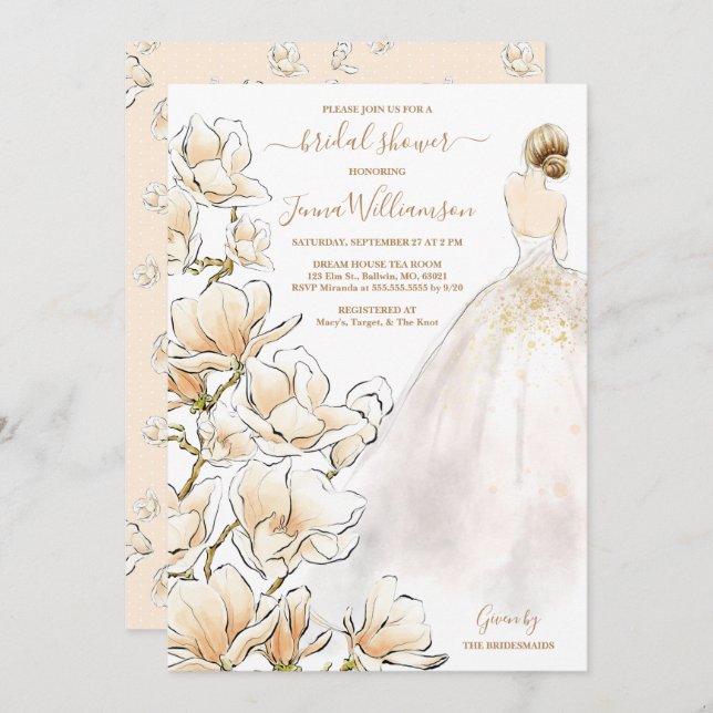 Invitation Aquarelle Blonde Bride Magnolia Fête des mariées (Devant / Derrière)