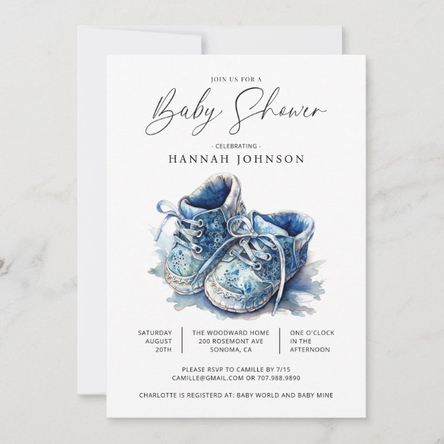 Invitation Aquarelle Blue Baby Chaussures Baby shower garçon (Devant)
