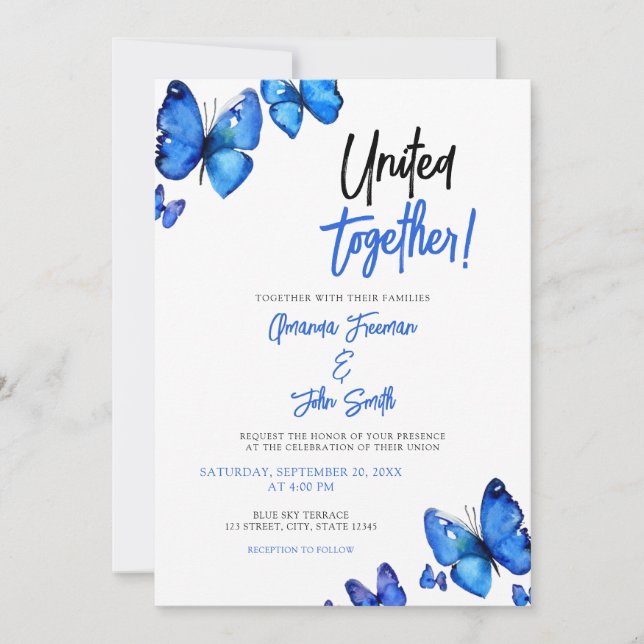 Invitation Aquarelle Blue Butterflies Chic Mariage (Devant)