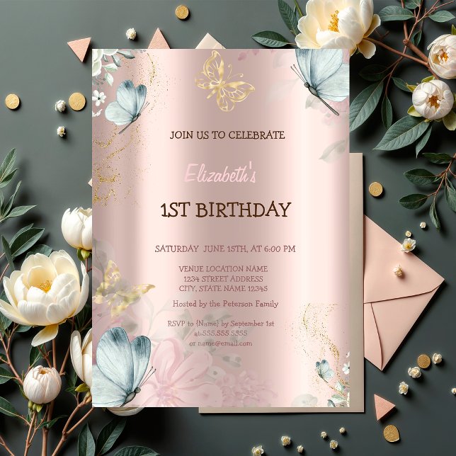 Invitation Aquarelle Blue Butterflies Rose Gold Anniversaire (Créateur téléchargé)