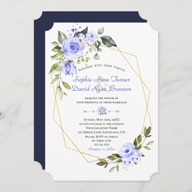 Invitation Aquarelle Blue Flowers Gold Frame Mariage (Devant / Derrière)